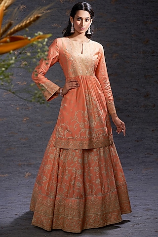 Apricot & Camel Printed Tunic & Ghagra  by Hemant Trevedi