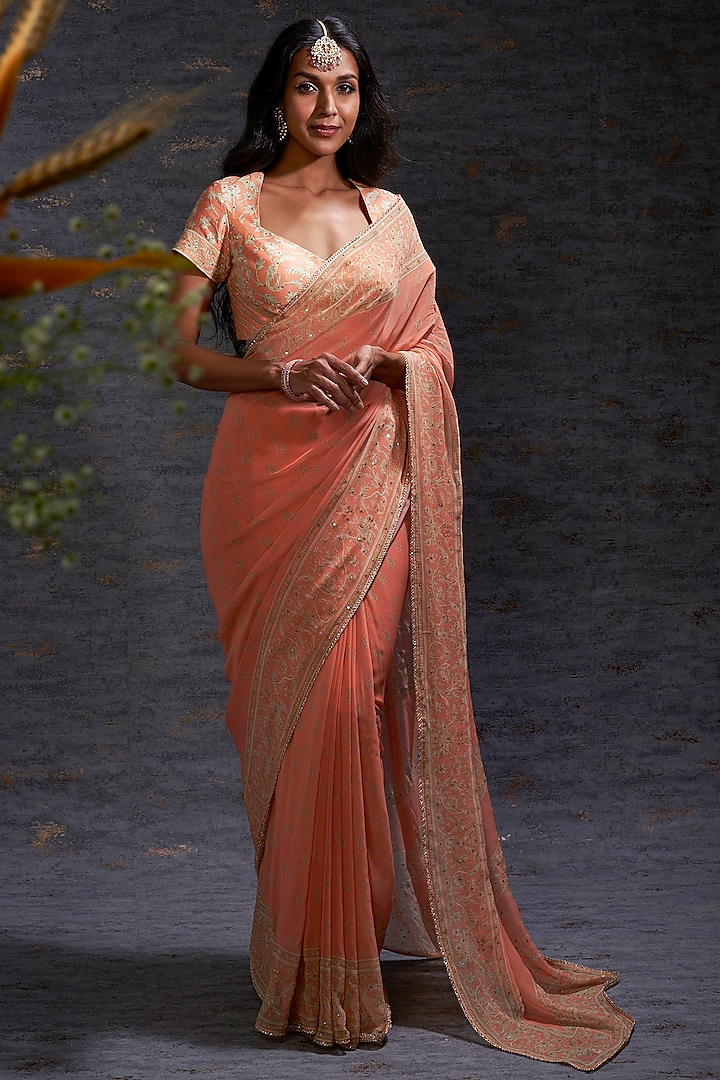 Apricot & Camel Georgette Embroidered Saree Set by Hemant Trevedi