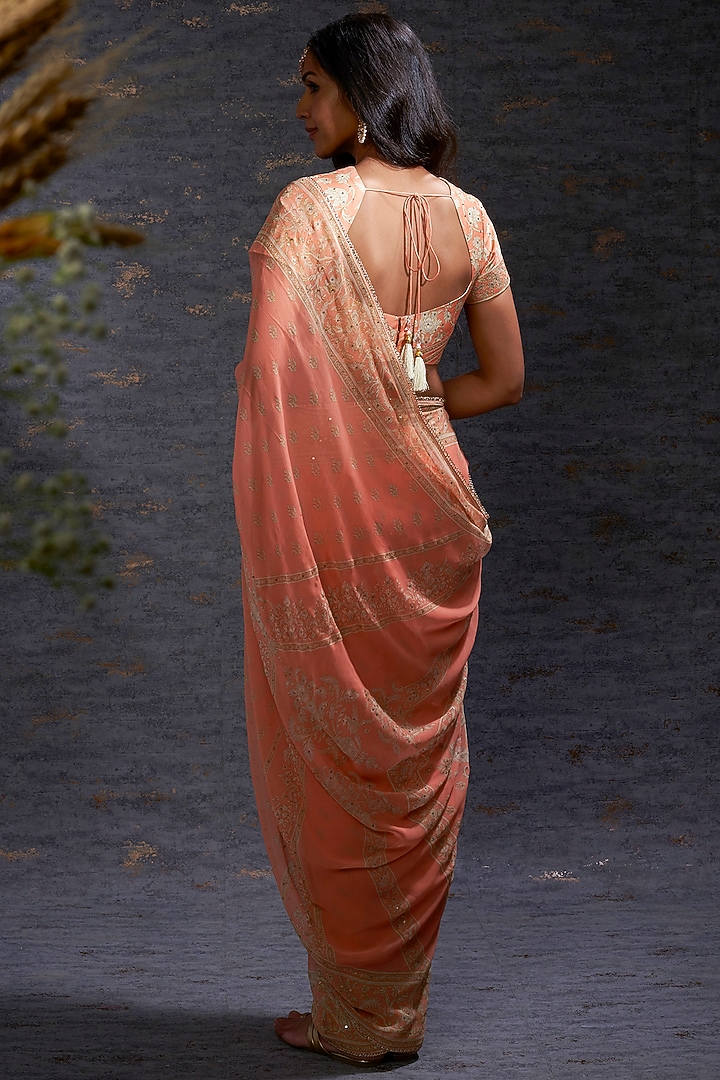 Apricot & Camel Georgette Embroidered Party Wear Saree Set by Hemant Trevedi at Pernia's Pop Up Shop