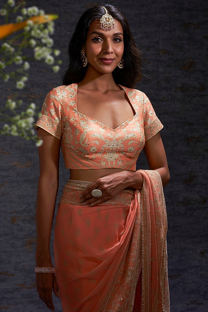 Apricot & Camel Georgette Embroidered Party Wear Saree Set by Hemant Trevedi at Pernia's Pop Up Shop