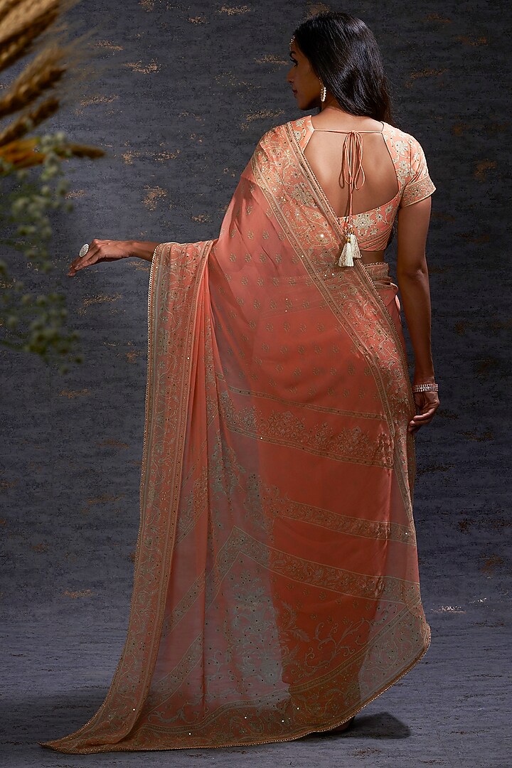 Apricot & Camel Georgette Embroidered Party Wear Saree Set by Hemant Trevedi at Pernia's Pop Up Shop