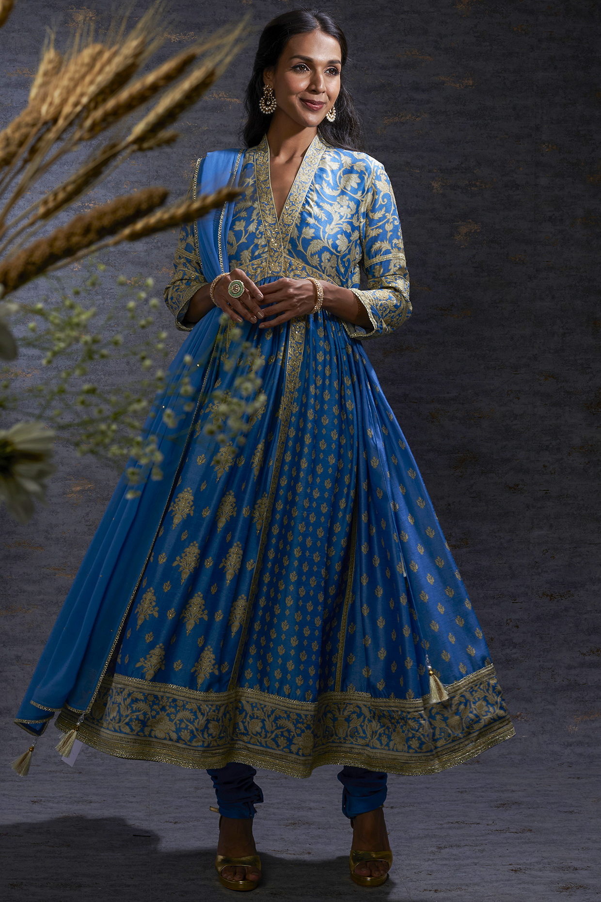 Sky & Camel Multi Print Anarkali Look by Hemant Trevedi
