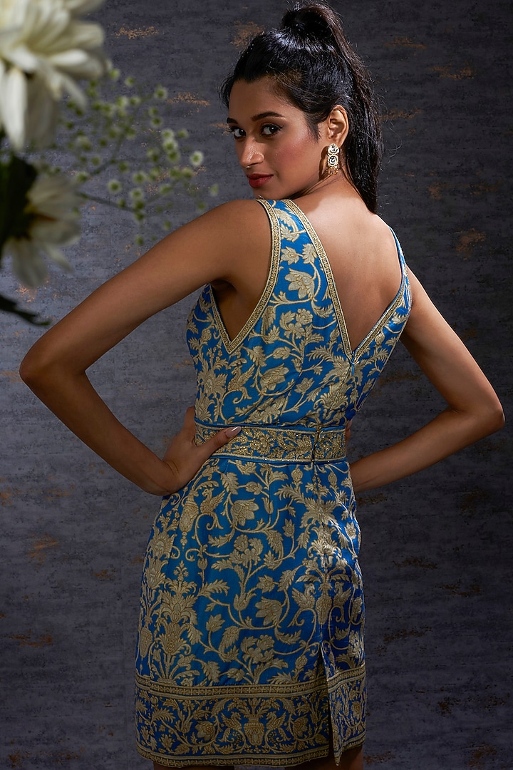 Blue & Camel Printed Raw Silk Pencil Summer Dress With Belt by Hemant Trevedi at Pernia's Pop Up Shop