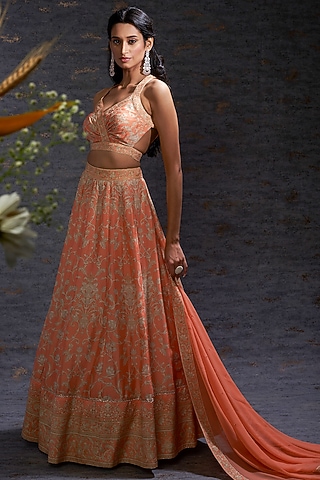 Apricot & Camel Printed Choli & Ghagra Look by Hemant Trevedi
