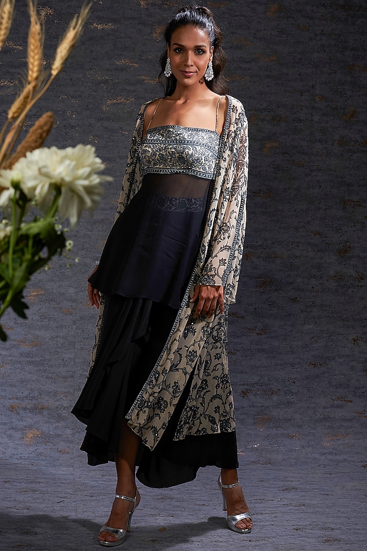 Charcoal Sarong Skirt Look With Printed Cape. by Hemant Trevedi