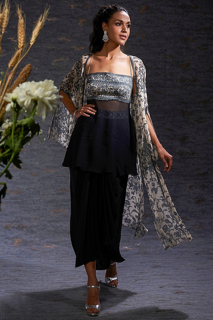 Charcoal Sarong Skirt Look With Printed Cape. by Hemant Trevedi at Pernia's Pop Up Shop
