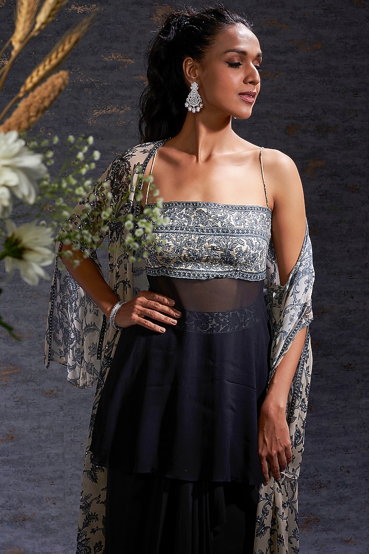 Charcoal Sarong Skirt Look With Printed Cape. by Hemant Trevedi at Pernia's Pop Up Shop