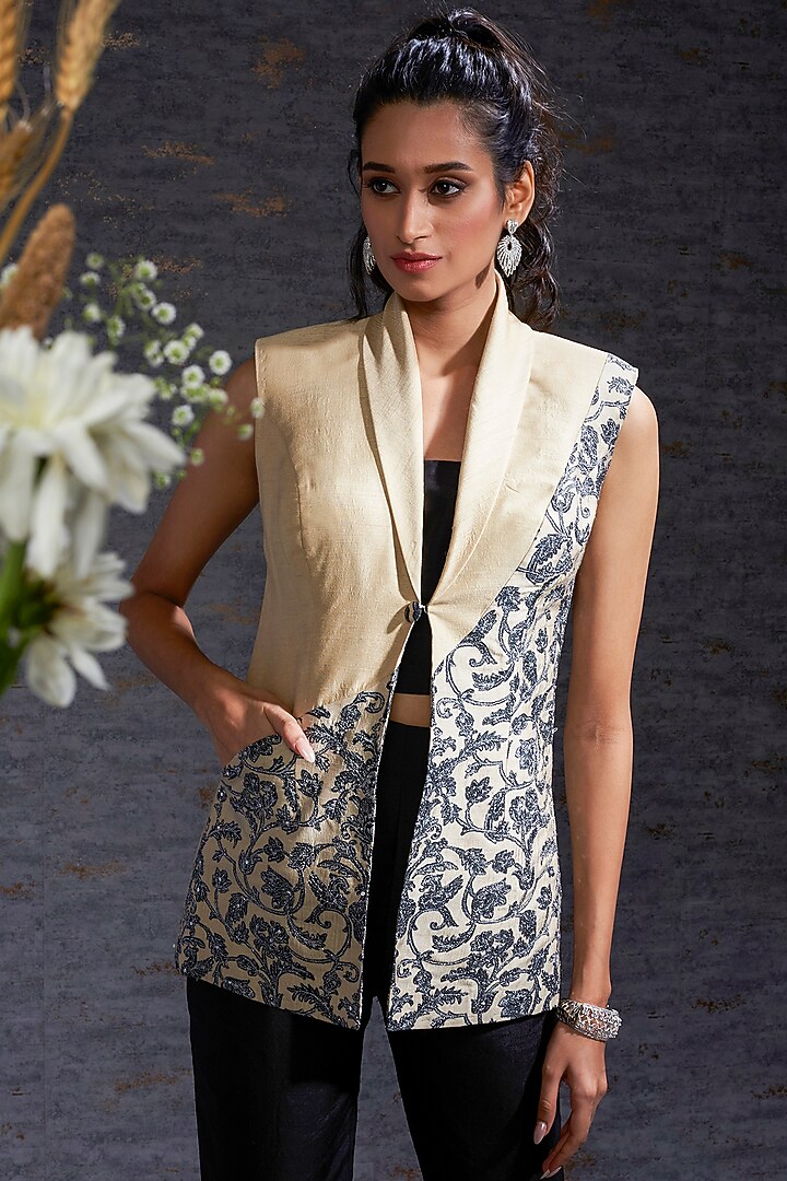 Sand & Charcoal Printed & Embroidered Jacket Set by Hemant Trevedi at Pernia's Pop Up Shop