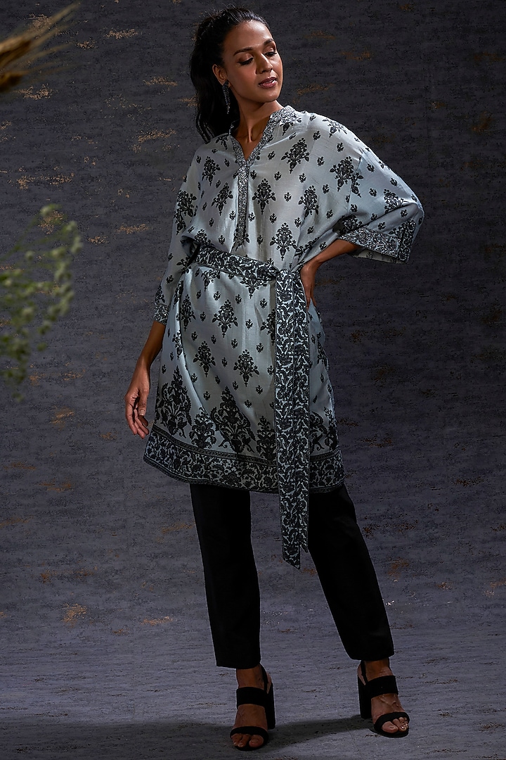 Pewter & Charcoal Printed  Dress With Belt by Hemant Trevedi