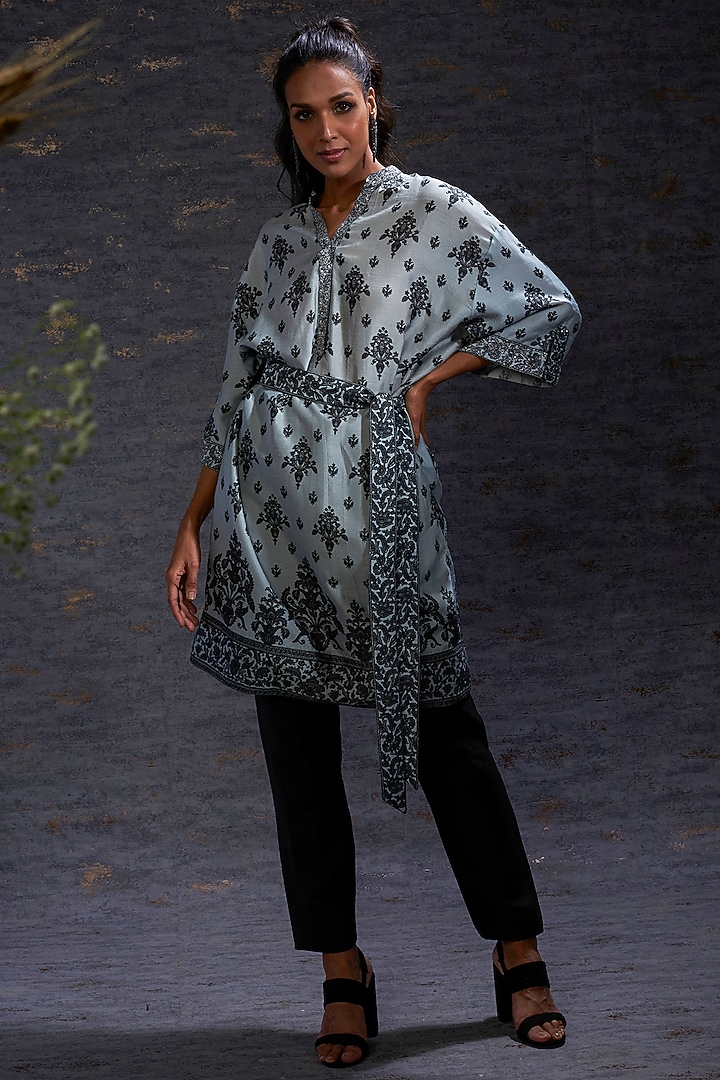 Pewter & Charcoal Printed Summer Dress With Belt by Hemant Trevedi at Pernia's Pop Up Shop