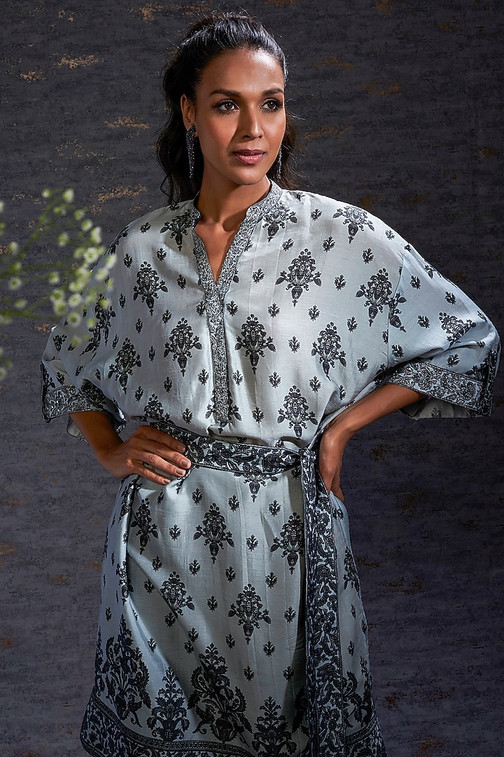 Pewter & Charcoal Printed Summer Dress With Belt by Hemant Trevedi at Pernia's Pop Up Shop