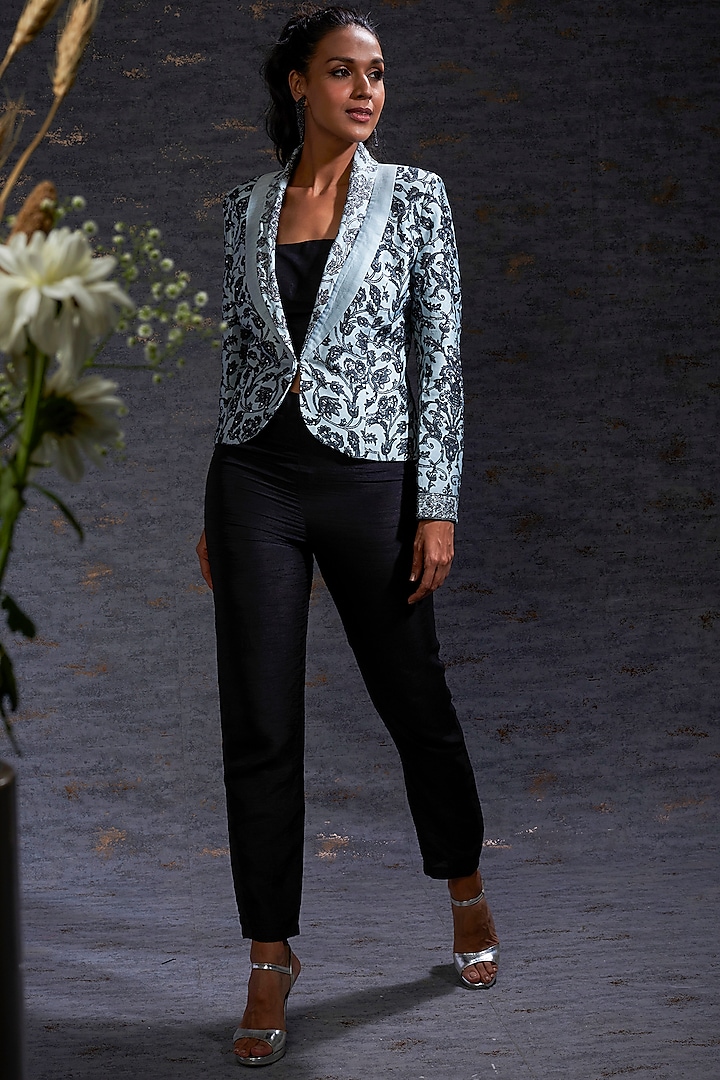 Pewter & Charcoal Embroidered Blazer Set by Hemant Trevedi