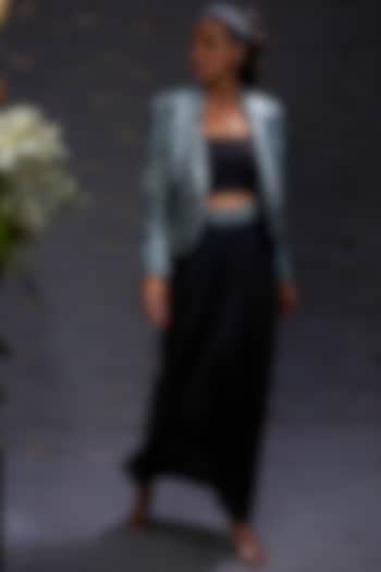 Pewter & Charcoal Embroidered Blazer & Sarong Style Skirt by Hemant Trevedi