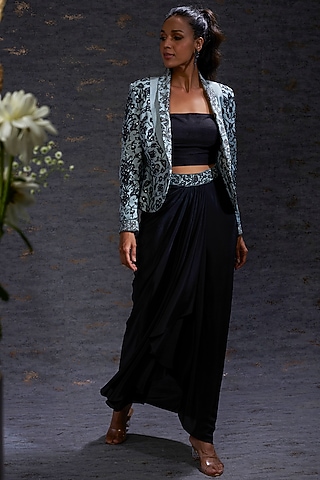 Pewter & Charcoal Embroidered Blazer & Sarong Style Skirt by Hemant Trevedi