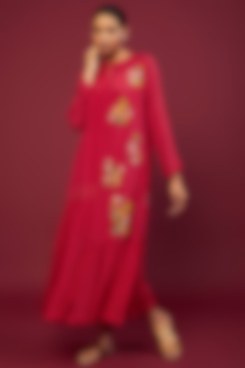 Red Chiffon Crepe Hand Embroidered Dress by Half Full Curve