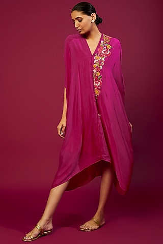 Fuchsia Chiffon Crepe Embroidered Draped Kaftan by Half Full Curve