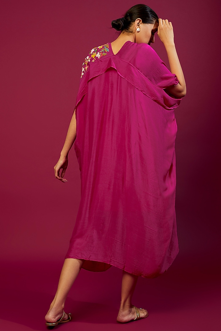 Fuchsia Chiffon Crepe Embroidered Draped Kaftan by Half Full Curve at Pernia's Pop Up Shop