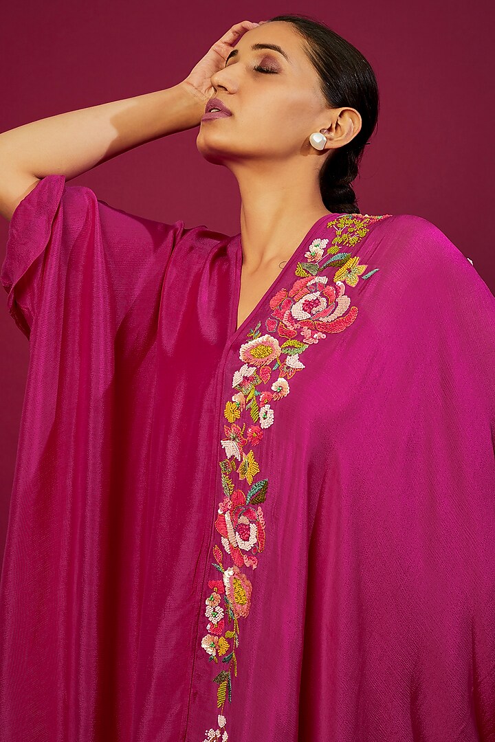 Fuchsia Chiffon Crepe Embroidered Draped Kaftan by Half Full Curve at Pernia's Pop Up Shop
