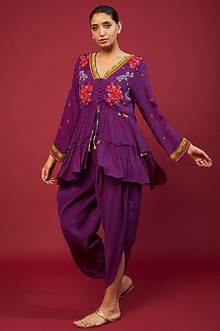Purple Chiffon Crepe Hand Embroidered Peplum Kurta Set by Half Full Curve