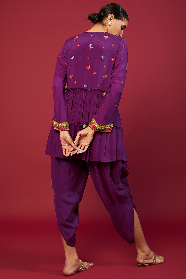 Purple Chiffon Crepe Hand Embroidered Peplum Kurta Set by Half Full Curve at Pernia's Pop Up Shop