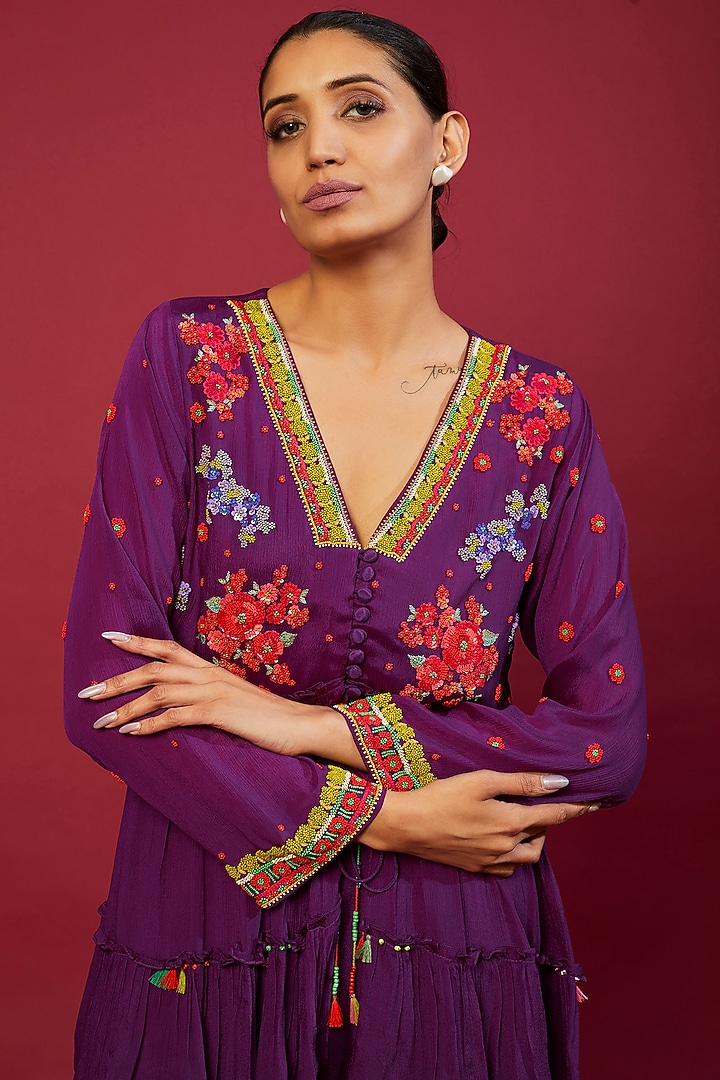 Purple Chiffon Crepe Hand Embroidered Peplum Kurta Set by Half Full Curve at Pernia's Pop Up Shop