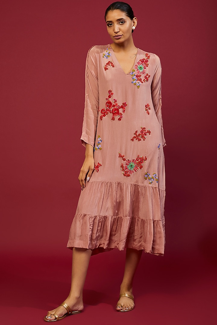 Dusty Rose Chiffon Crepe Embroidered Flapper Midi Dress by Half Full Curve