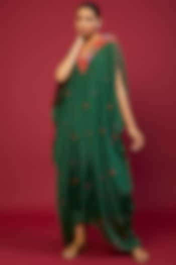 Emerald Green Chiffon Crepe Embroidered Draped Kaftan by Half Full Curve at Pernia's Pop Up Shop