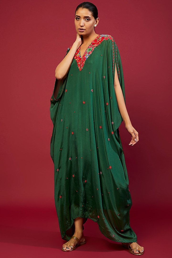 Emerald Green Chiffon Crepe Embroidered Draped Kaftan by Half Full Curve