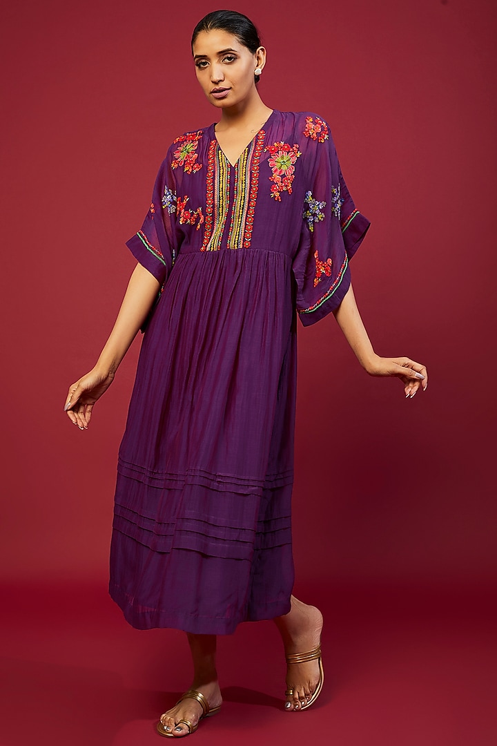 Purple Chiffon Crepe Embroidered Kaftan by Half Full Curve