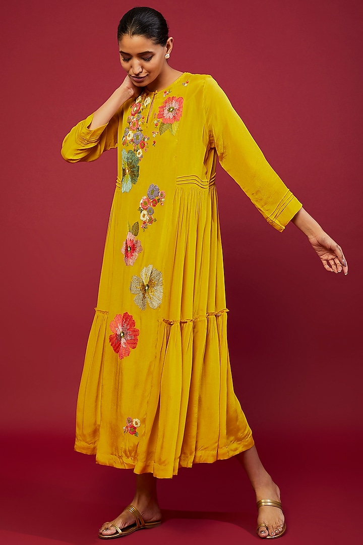 Yellow Chiffon Crepe Hand Embroidered Panelled Dress by Half Full Curve