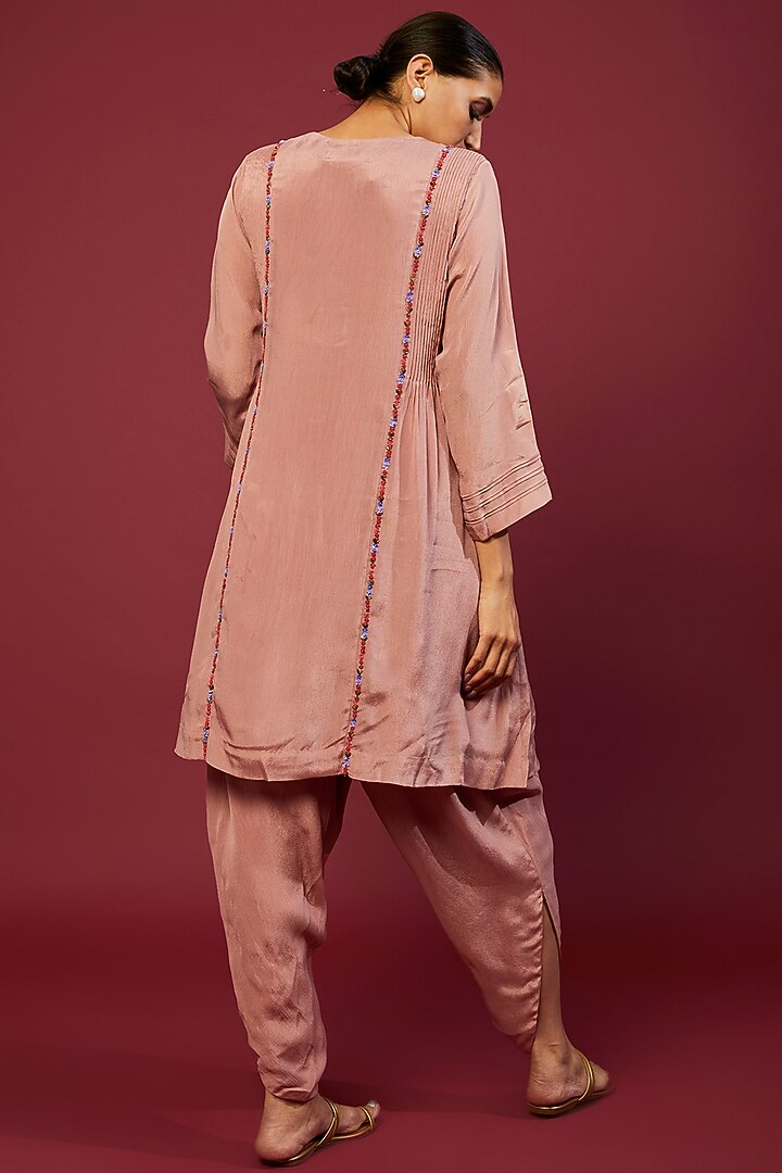 Blush Pink Pure Silk Embroidered Kurta Set by Half Full Curve at Pernia's Pop Up Shop