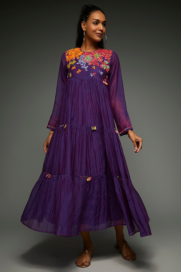 Purple Chiffon Crepe Tiered Maxi Dress by Half Full Curve