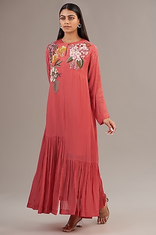 Peach Crepe Chiffon Floral Embroidered Maxi Dress by Half Full Curve