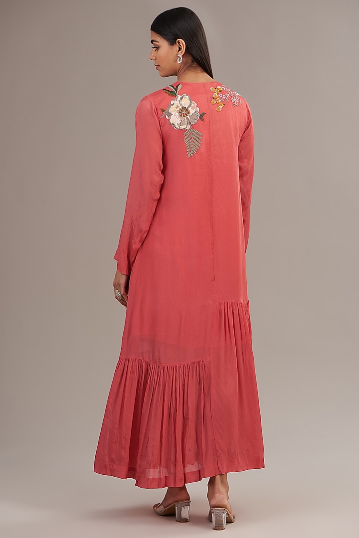 Peach Crepe Chiffon Floral Embroidered Maxi Vacation Dress by Half Full Curve at Pernia's Pop Up Shop