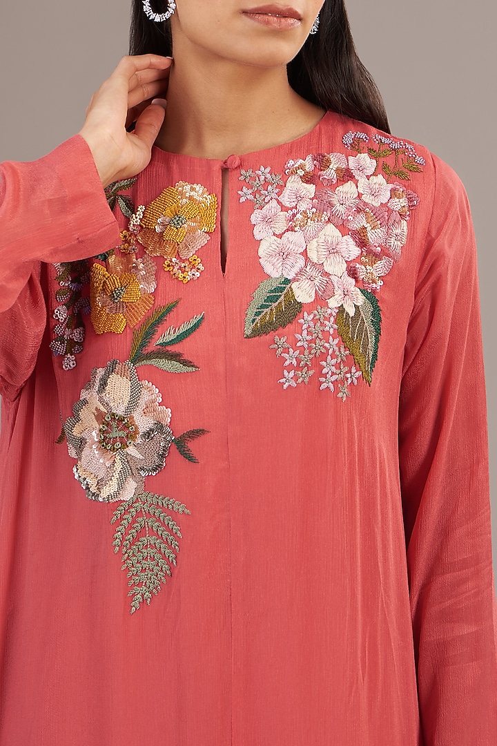 Peach Crepe Chiffon Floral Embroidered Maxi Vacation Dress by Half Full Curve at Pernia's Pop Up Shop