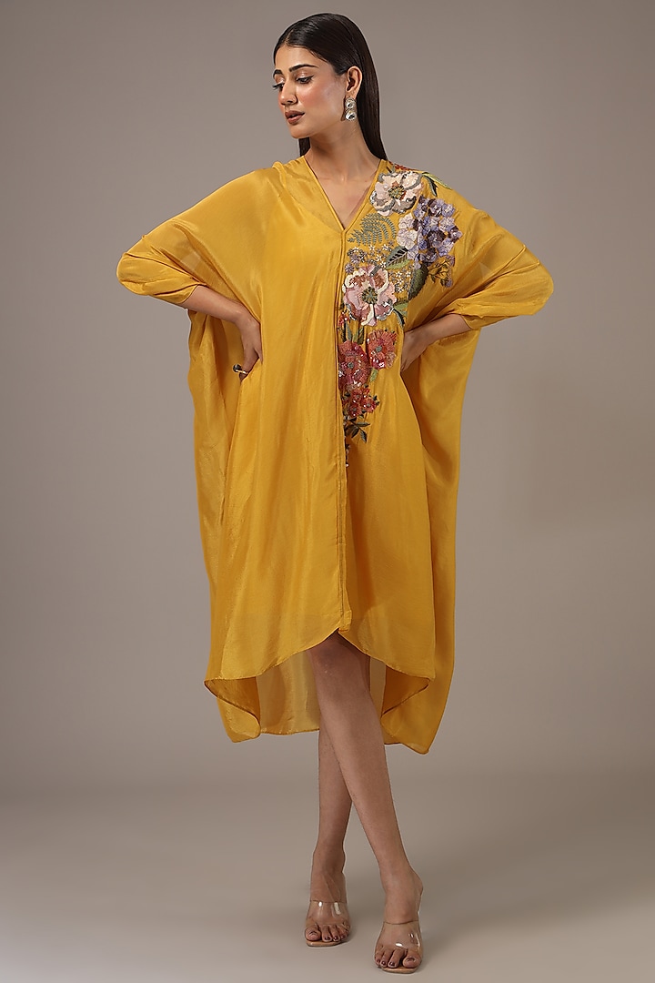 Yellow Crepe Chiffon Hand Embroidered Midi Dress by Half Full Curve at Pernia's Pop Up Shop