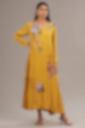 Yellow Crepe Chiffon Floral Embroidered Maxi Dress by Half Full Curve at Pernia's Pop Up Shop