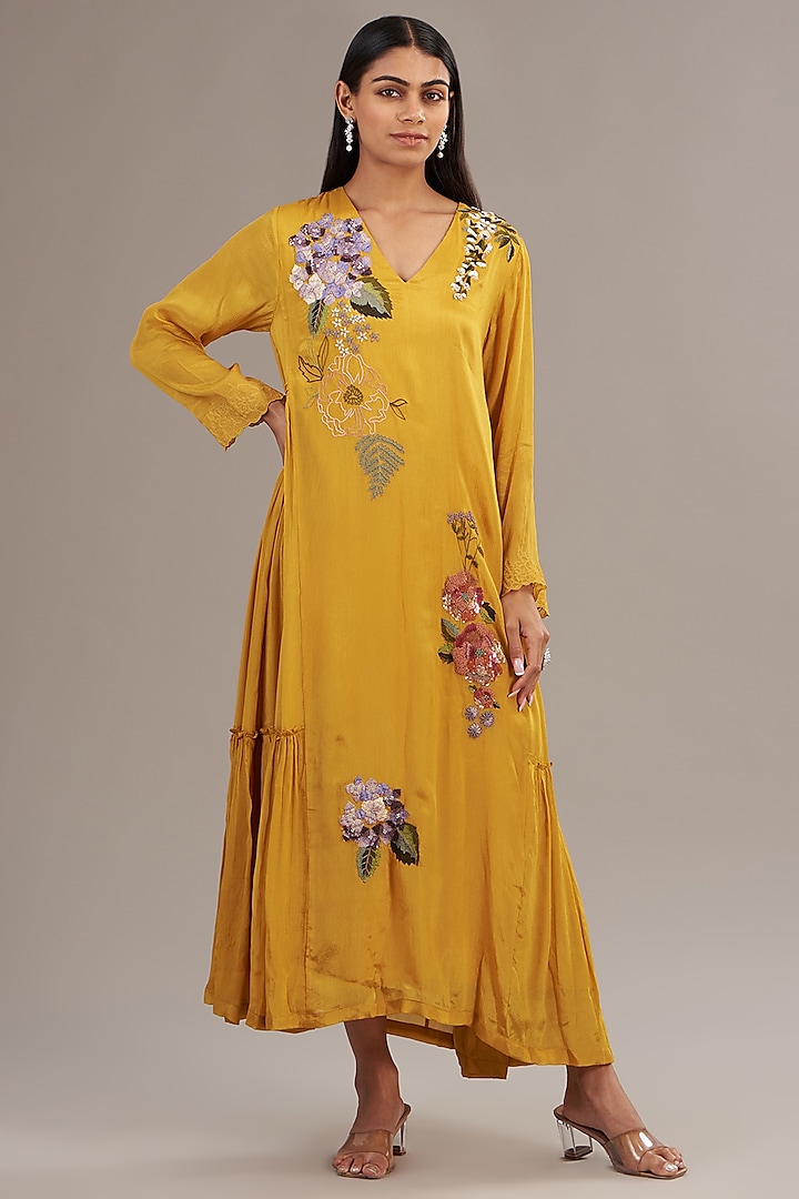 Yellow Crepe Chiffon Floral Embroidered Maxi Dress by Half Full Curve at Pernia's Pop Up Shop