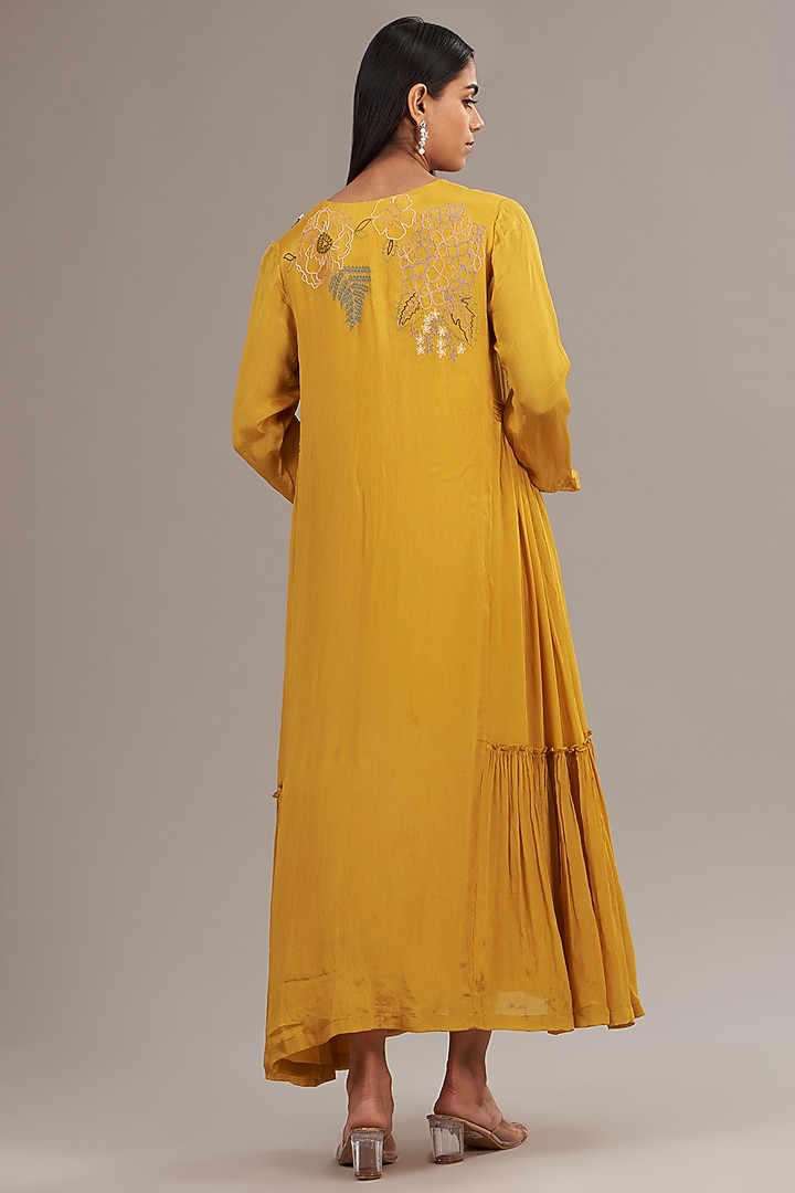 Yellow Crepe Chiffon Floral Embroidered Maxi Vacation Dress by Half Full Curve at Pernia's Pop Up Shop