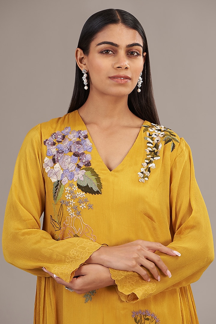 Yellow Crepe Chiffon Floral Embroidered Maxi Vacation Dress by Half Full Curve at Pernia's Pop Up Shop