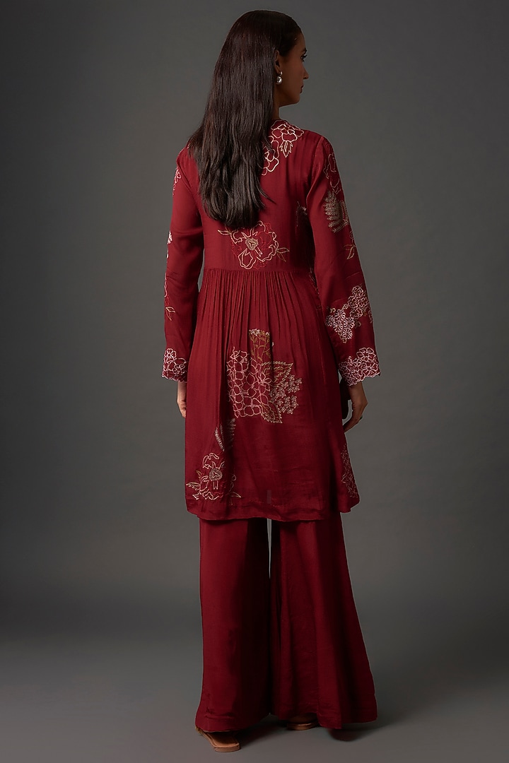 Red Crepe Chiffon Hand Embroidered Gathred Kurta Set by Half Full Curve at Pernia's Pop Up Shop