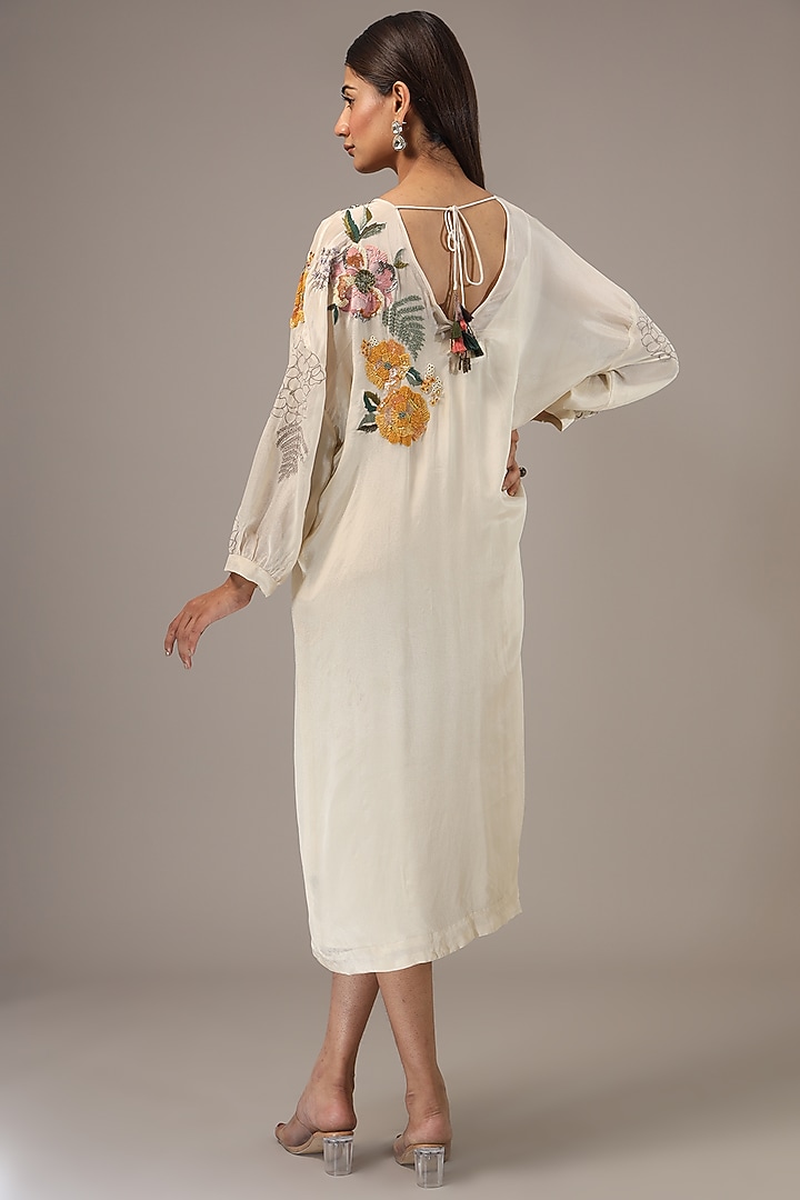 Ivory Crepe Chiffon Hand Embroidered Midi Cocktail Dress by Half Full Curve at Pernia's Pop Up Shop