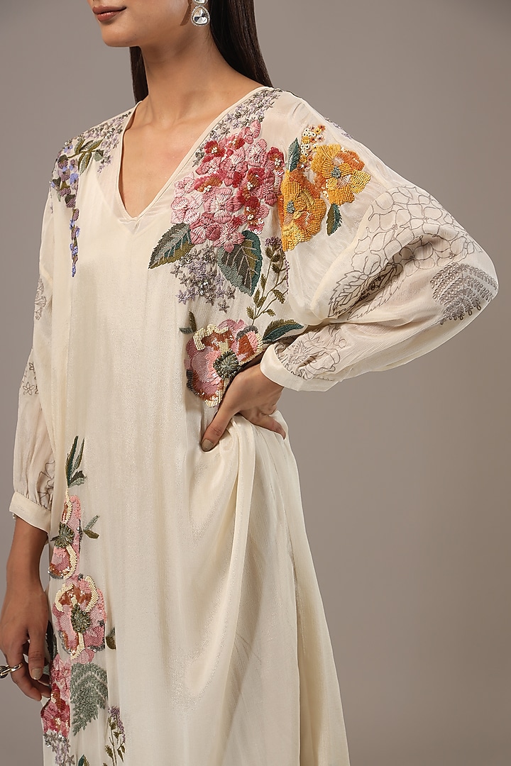 Ivory Crepe Chiffon Hand Embroidered Midi Cocktail Dress by Half Full Curve at Pernia's Pop Up Shop
