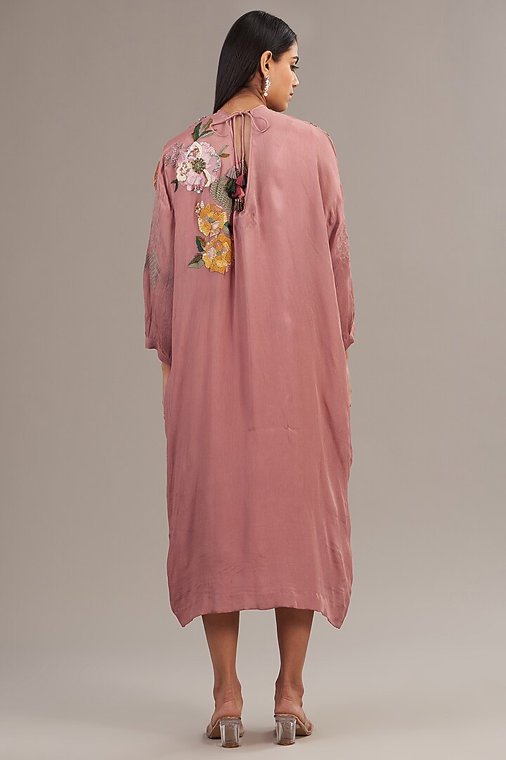 Pink Crepe Chiffon Floral Embroidered Midi Cocktail Dress by Half Full Curve at Pernia's Pop Up Shop