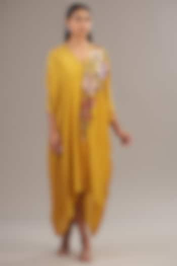 Yellow Crepe Chiffon Floral Embroidered Draped Midi Dress by Half Full Curve at Pernia's Pop Up Shop