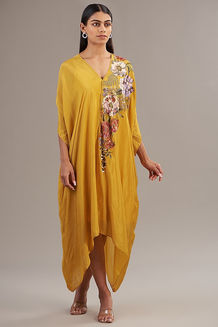 Yellow Crepe Chiffon Floral Embroidered Draped Midi Dress by Half Full Curve at Pernia's Pop Up Shop