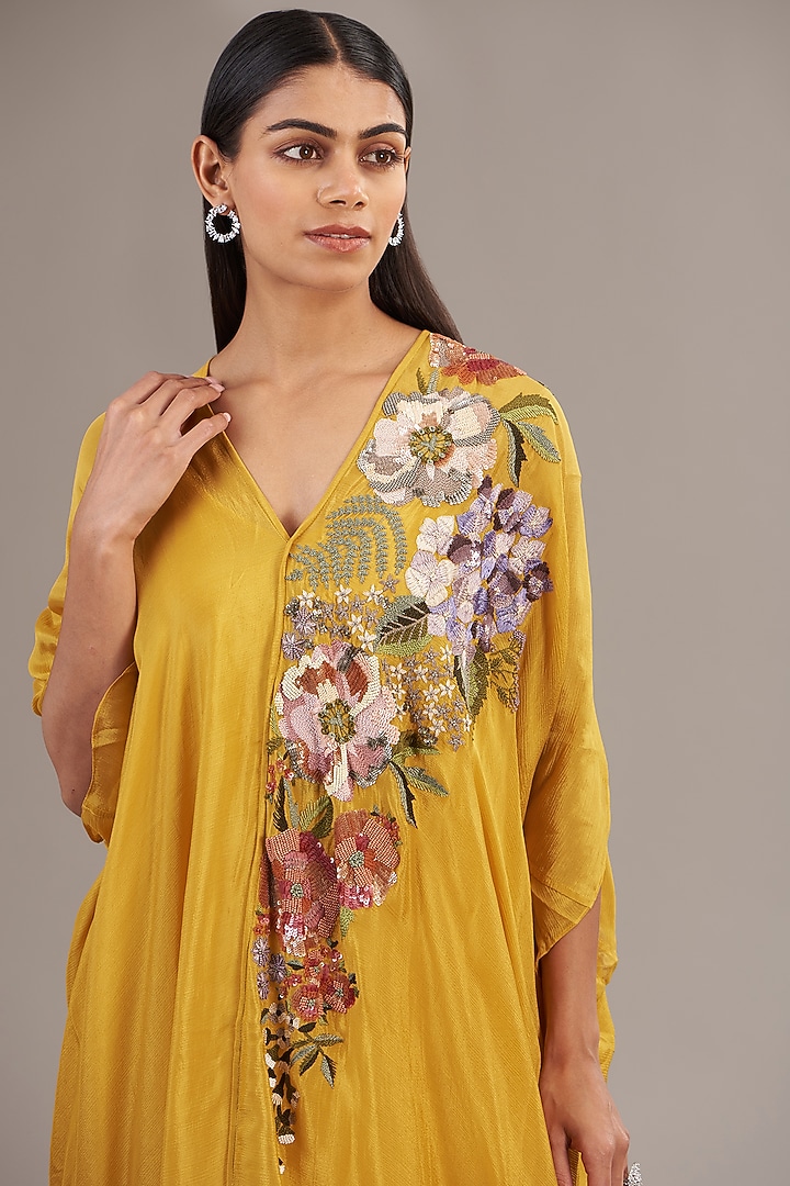 Yellow Crepe Chiffon Floral Embroidered Draped Midi Vacation Dress by Half Full Curve at Pernia's Pop Up Shop