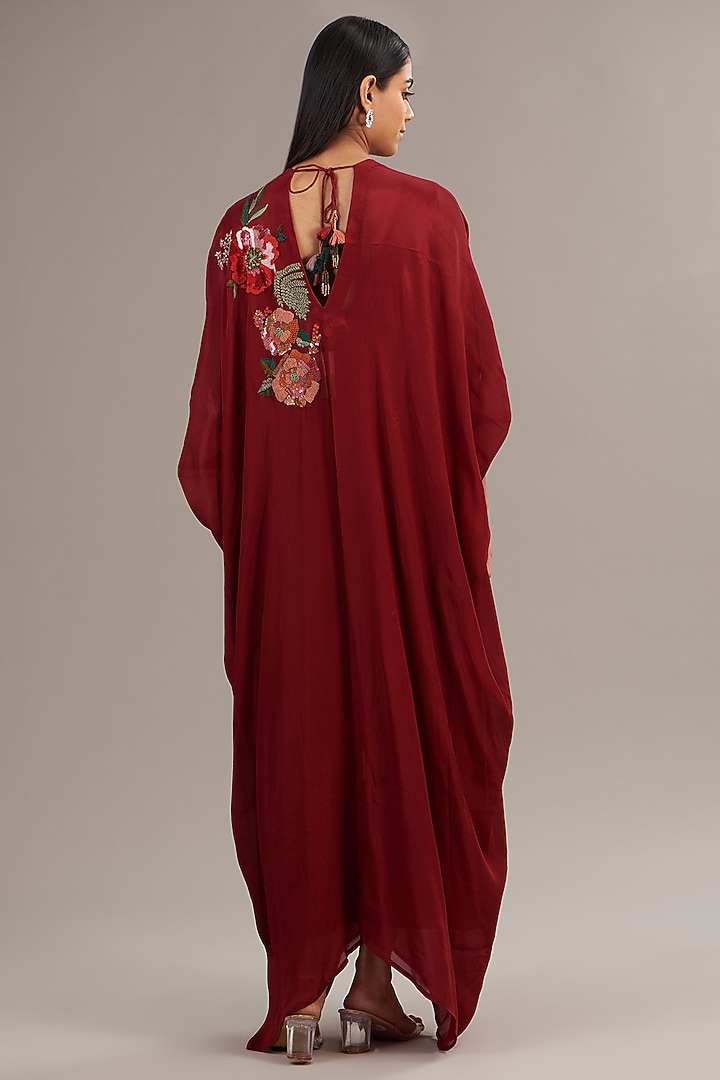 Red Crepe Chiffon Floral Embroidered Draped Kaftan by Half Full Curve at Pernia's Pop Up Shop