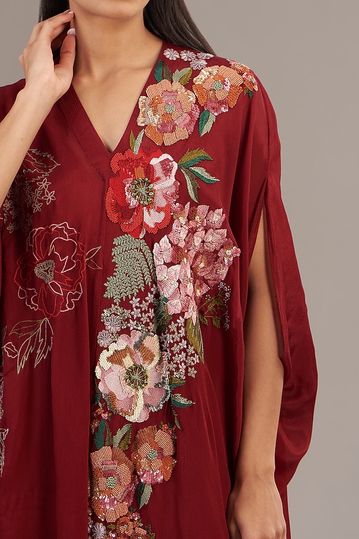 Red Crepe Chiffon Floral Embroidered Draped Kaftan by Half Full Curve at Pernia's Pop Up Shop