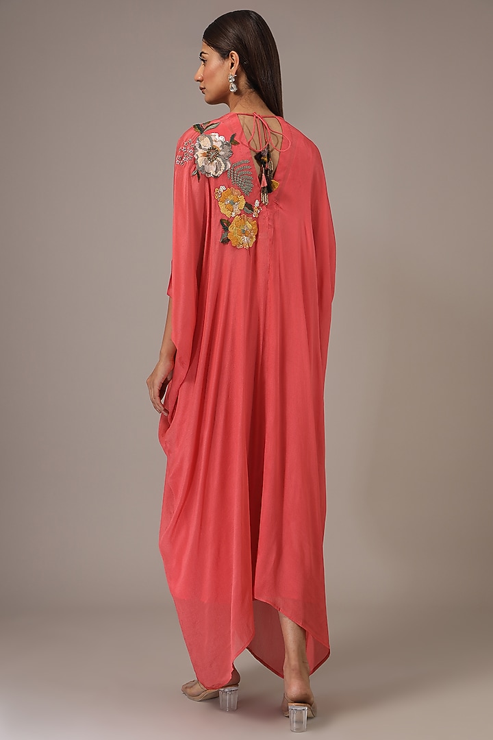 Peach Crepe Chiffon Hand Embroidered Kaftan by Half Full Curve at Pernia's Pop Up Shop